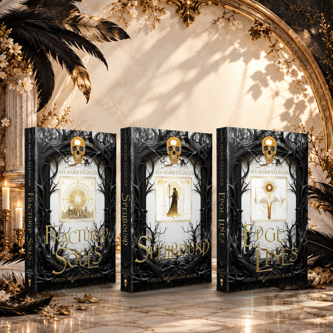 Fallen Messengers Books 1-3 Special Edition Paperback starter bundle by Ava Marie Salinger: Fractured Souls, Spellbound and Edge Lines in a sunlit ivory and gold hall with black and white feathers
