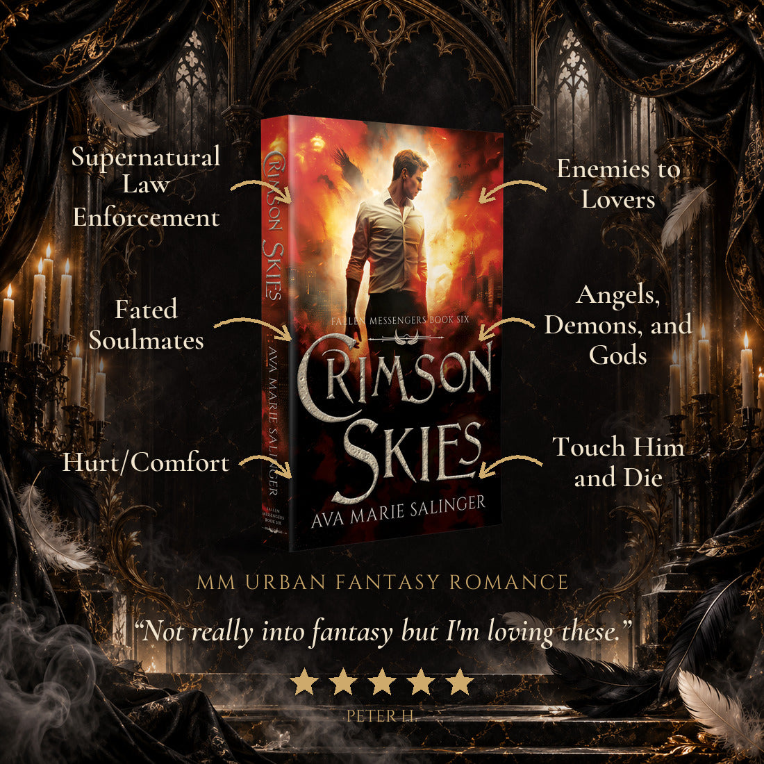 Crimson Skies Paperback tropes: Supernatural Law Enforcement, Fated Soulmates, Hurt/Comfort, Enemies to Lovers, Angels Demons and Gods, Touch Him and Die. Five-star reader review.
