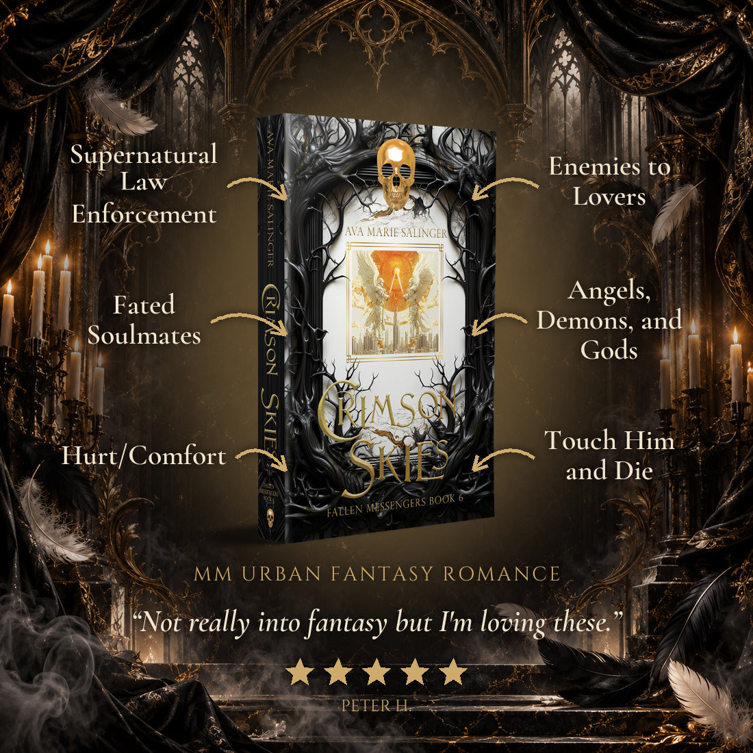 Crimson Skies Special Edition Paperback tropes: Supernatural Law Enforcement, Fated Soulmates, Hurt/Comfort, Enemies to Lovers, Angels Demons and Gods, Touch Him and Die. Five-star reader review.