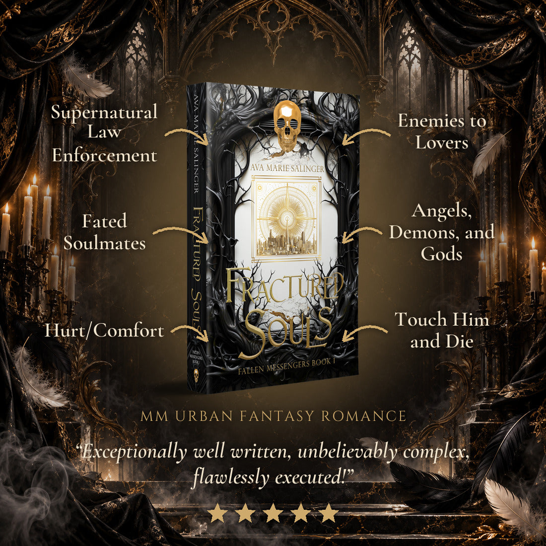 Fractured Souls Special Edition Paperback tropes: Supernatural Law Enforcement, Fated Soulmates, Hurt/Comfort, Enemies to Lovers, Angels Demons and Gods, Touch Him and Die. Five-star reader review.
