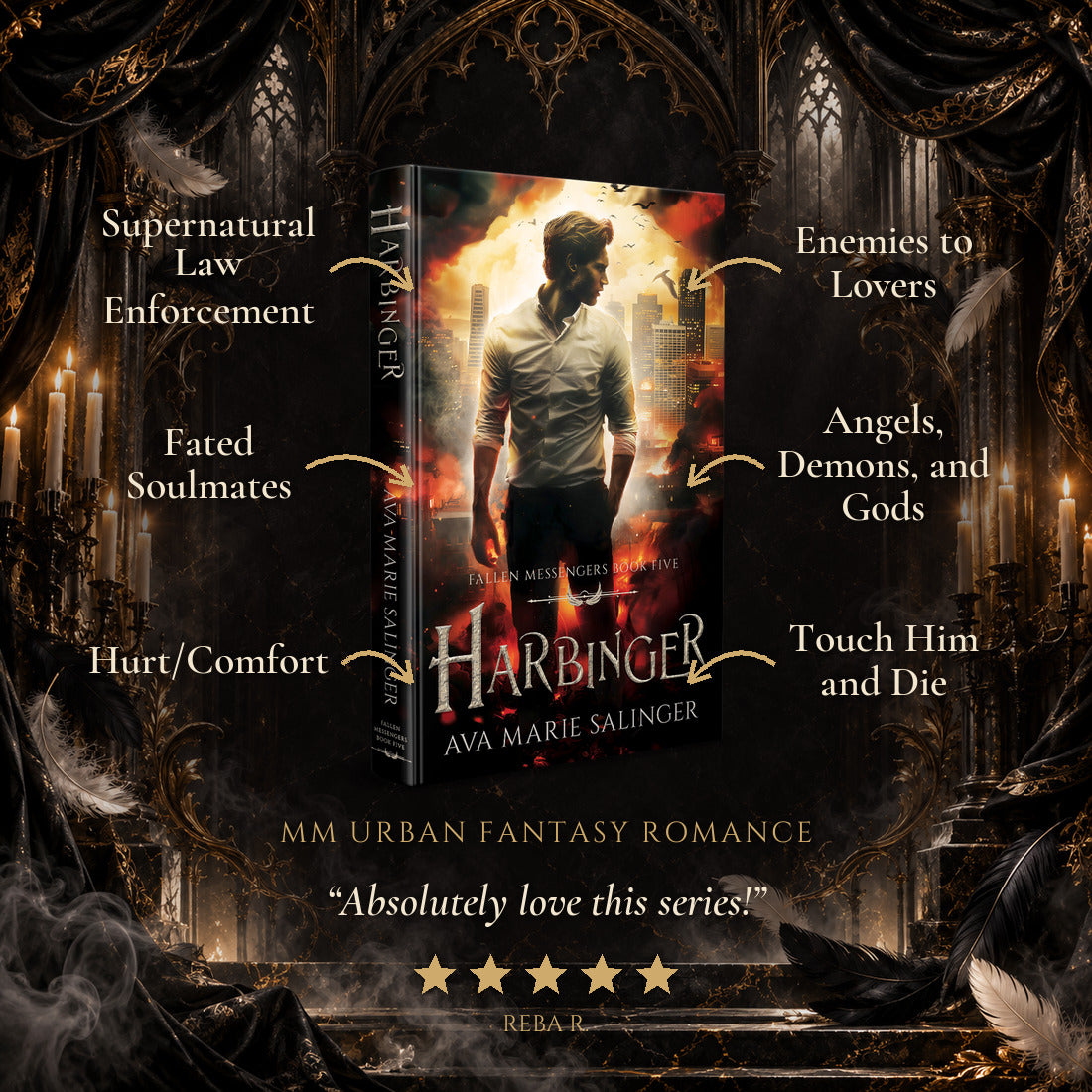 Harbinger Hardback tropes: Supernatural Law Enforcement, Fated Soulmates, Hurt/Comfort, Enemies to Lovers, Angels Demons and Gods, Touch Him and Die. Five-star reader review.