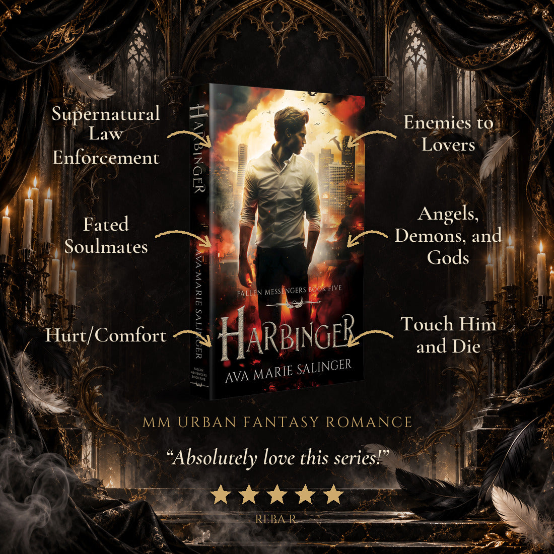 Harbinger Paperback tropes: Supernatural Law Enforcement, Fated Soulmates, Hurt/Comfort, Enemies to Lovers, Angels Demons and Gods, Touch Him and Die. Five-star reader review.