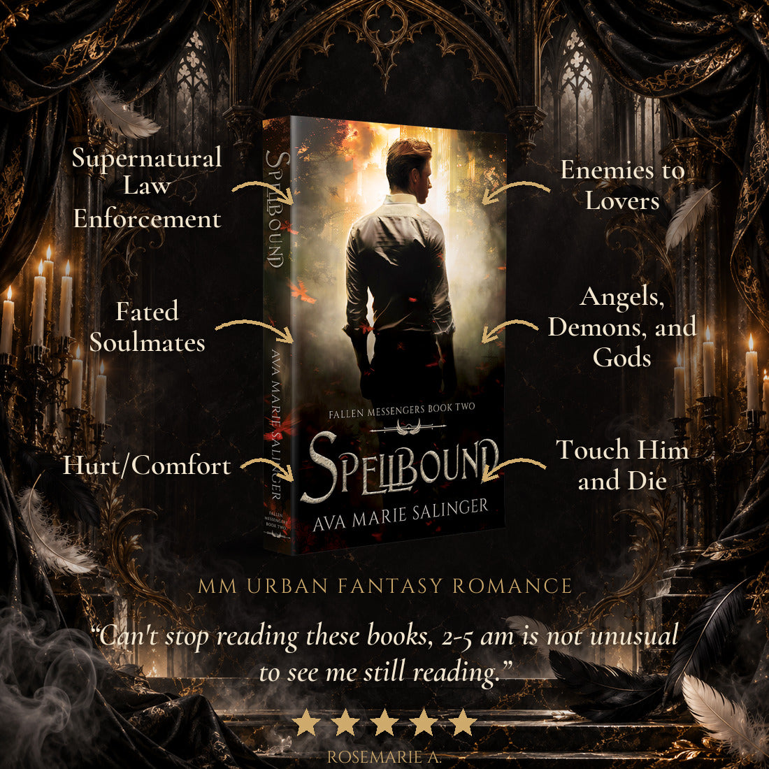 Spellbound Paperback tropes: Supernatural Law Enforcement, Fated Soulmates, Hurt/Comfort, Enemies to Lovers, Angels Demons and Gods, Touch Him and Die. Five-star reader review.