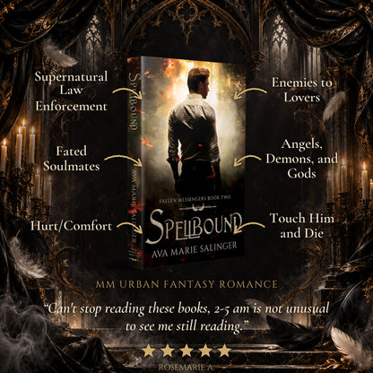 Spellbound Paperback tropes: Supernatural Law Enforcement, Fated Soulmates, Hurt/Comfort, Enemies to Lovers, Angels Demons and Gods, Touch Him and Die. Five-star reader review.