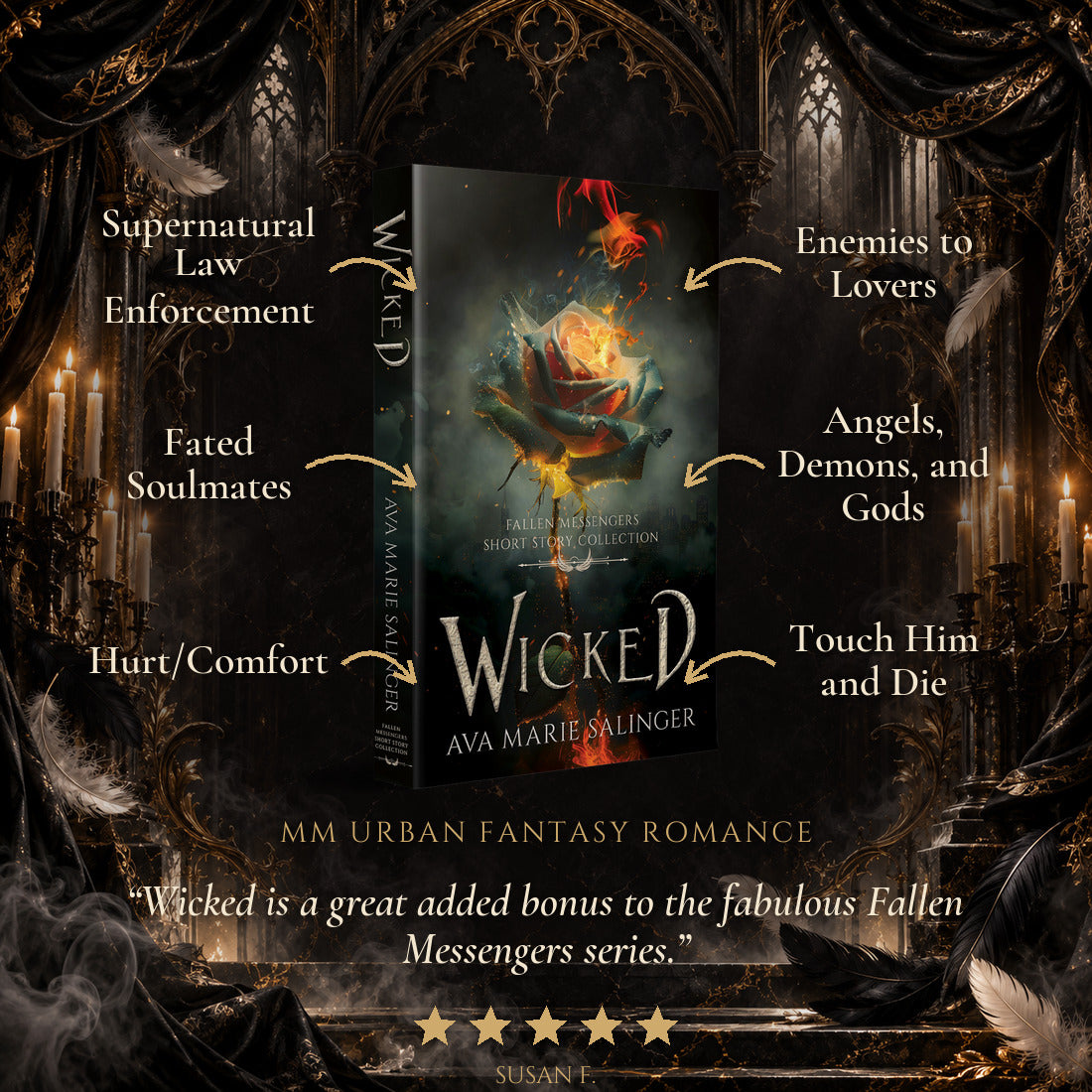 Wicked Paperback tropes: Supernatural Law Enforcement, Fated Soulmates, Hurt/Comfort, Enemies to Lovers, Angels Demons and Gods, Touch Him and Die. Five-star reader review.