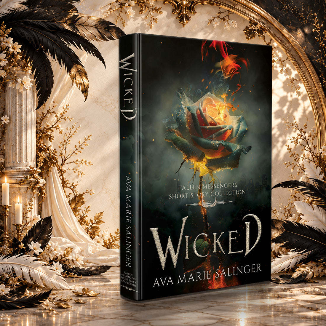 Wicked (Fallen Messengers Short Story Collection) Hardback by Ava Marie Salinger in a sunlit ivory and gold hall with black and white feathers