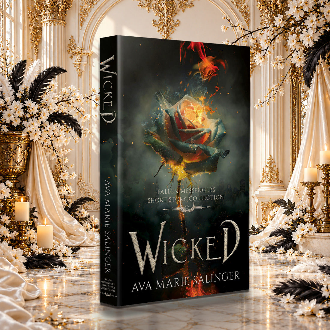 Wicked (Fallen Messengers Short Story Collection) Paperback by Ava Marie Salinger among white blossoms, gold candlesticks and ivory silk