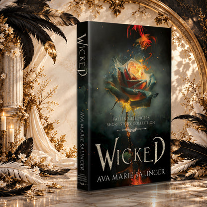 Wicked (Fallen Messengers Short Story Collection) Paperback by Ava Marie Salinger in a sunlit ivory and gold hall with black and white feathers