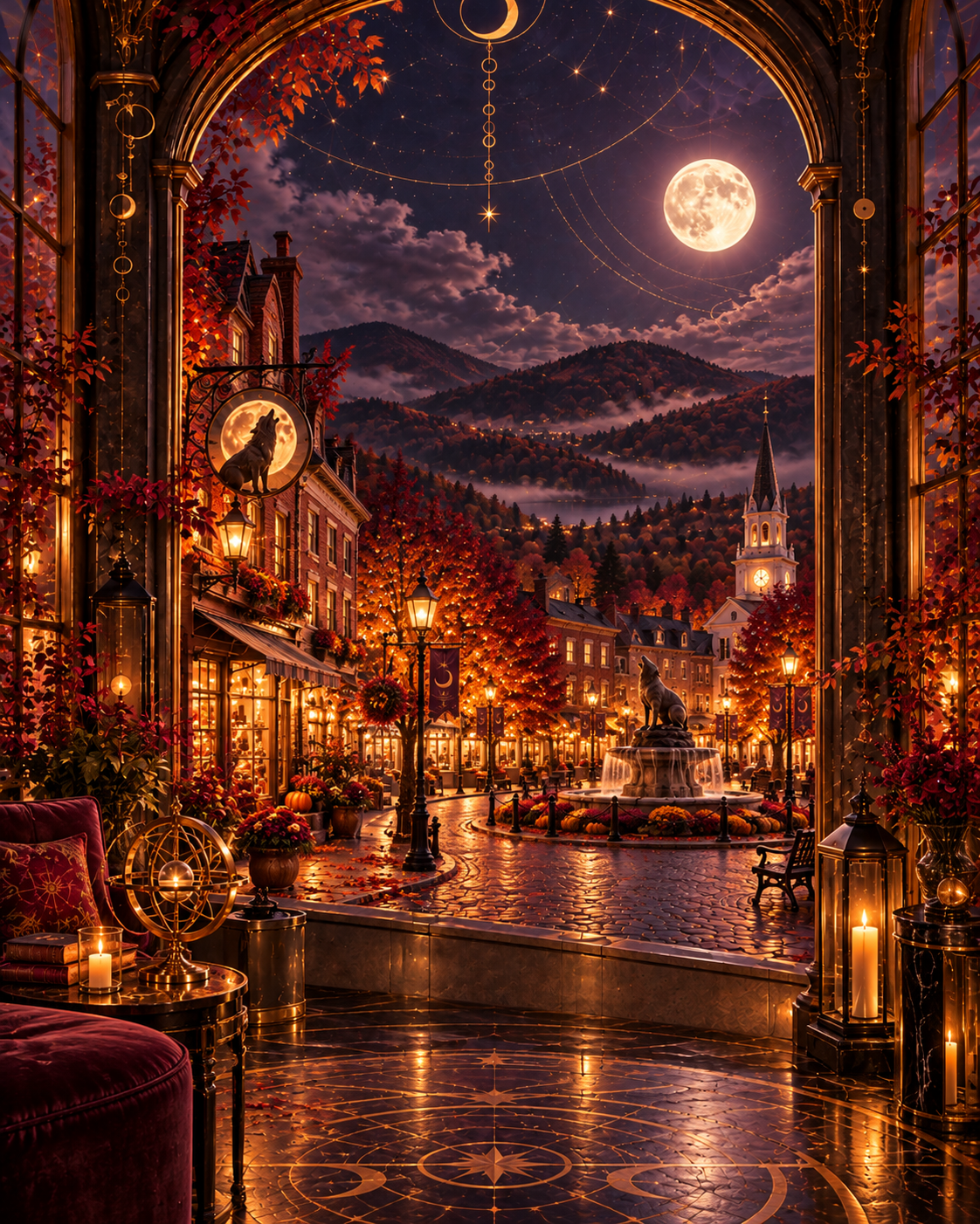 An autumn small-town square under a full moon, for the Diary of a Reluctant Werewolf series by A.D. Starrling