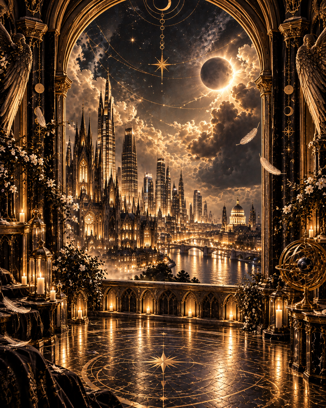 A golden celestial city beneath an eclipse, for the Fallen Messengers series by A.D. Starrling