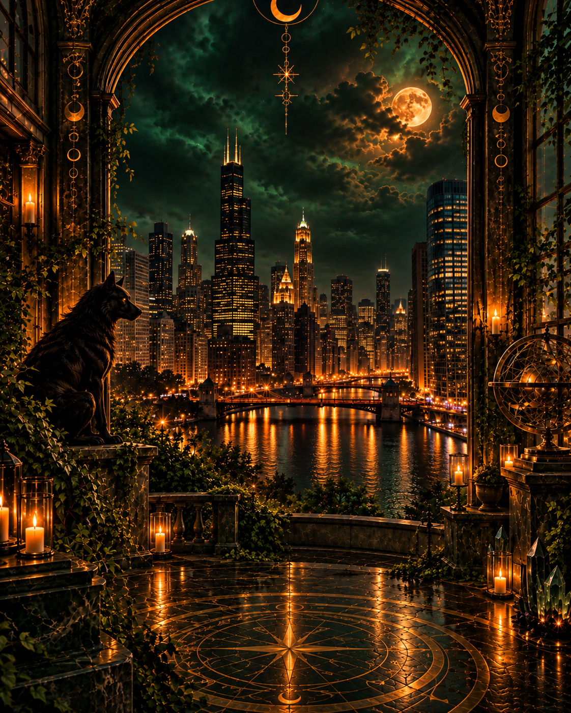 A candlelit balcony over the Chicago skyline at night, for the Legion series by A.D. Starrling