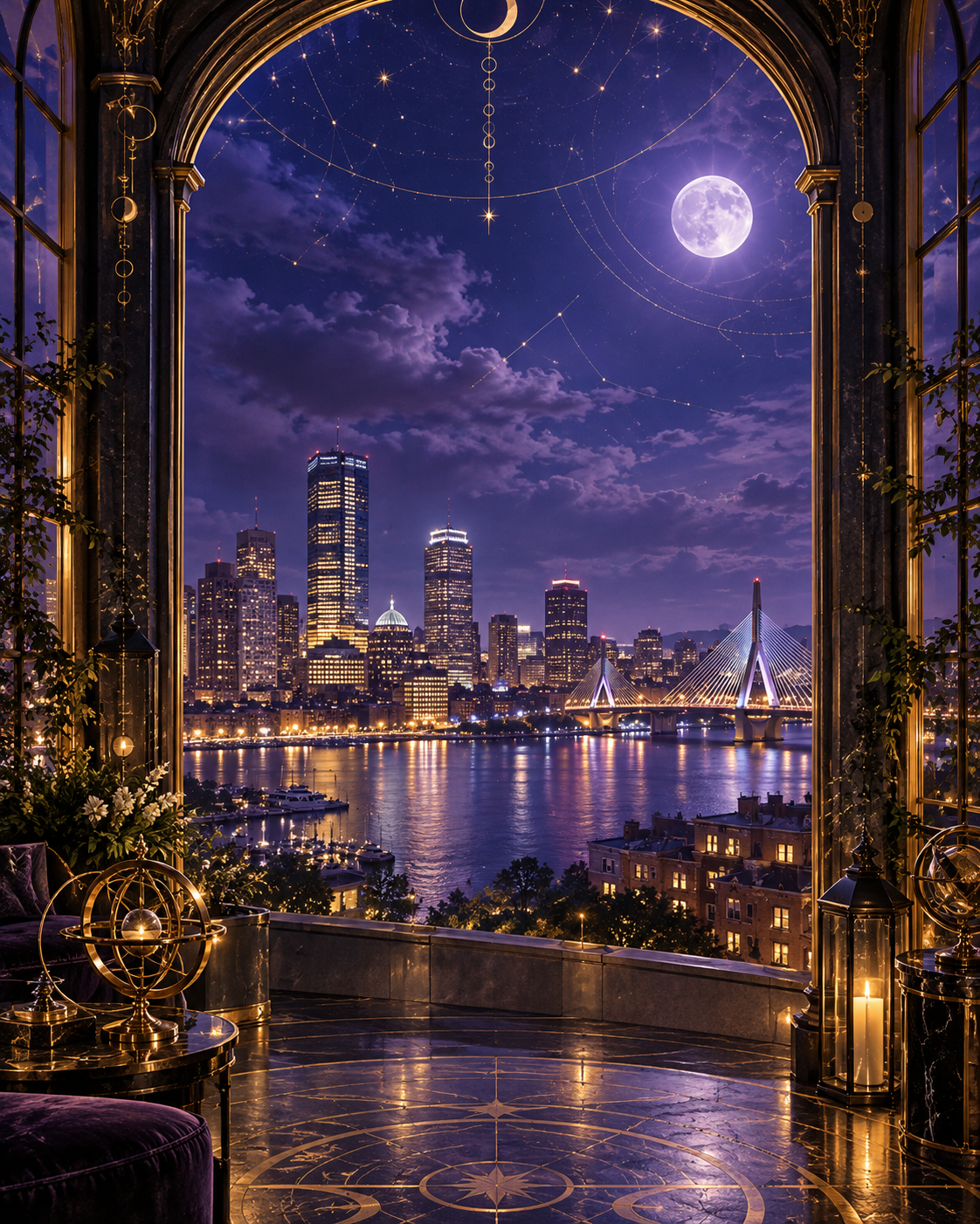 A moonlit city seen through an ornate archway, for the Seventeen series by A.D. Starrling