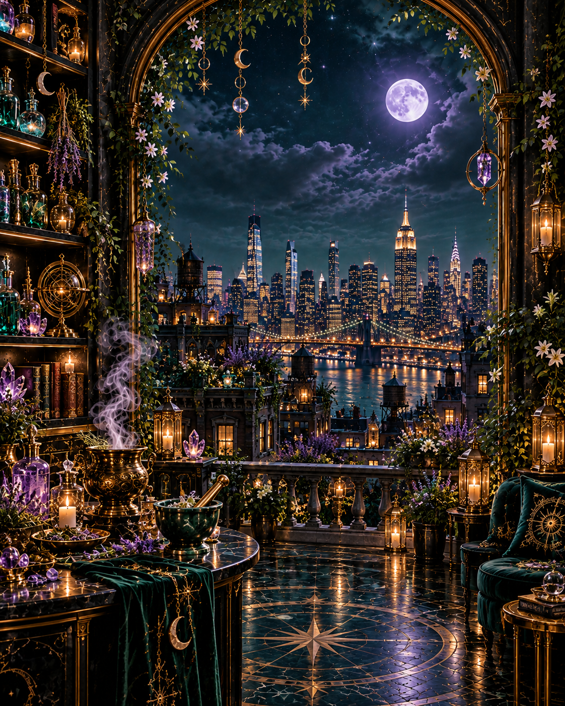 A witch's moonlit room overlooking the New York skyline, for the Witch Queen series by A.D. Starrling
