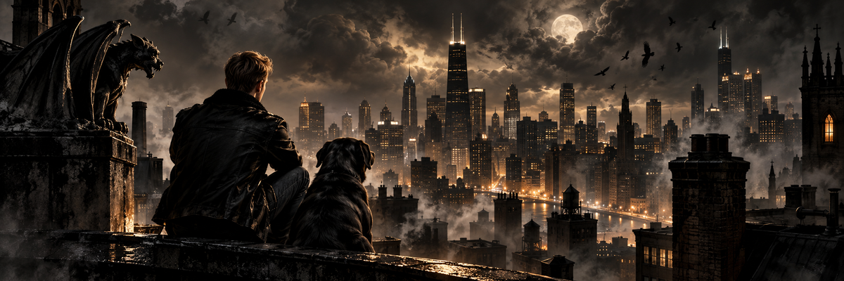 Legion series atmospheric Chicago skyline banner with a man and dog seen from behind