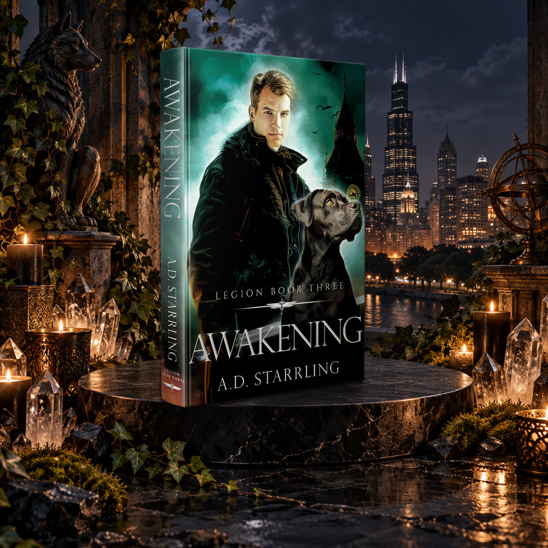 Awakening (Legion Book 3) Hardback by A.D. Starrling among candles and crystals with the moonlit Chicago skyline behind