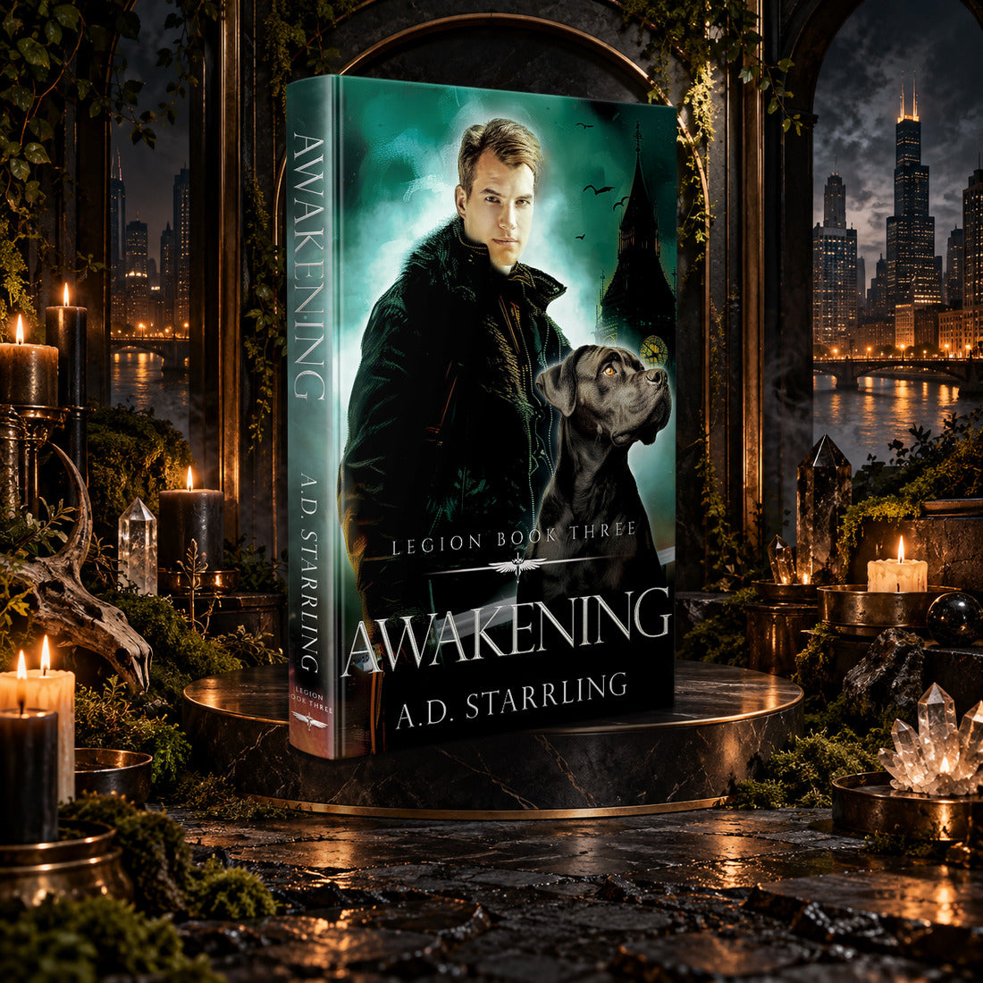 Awakening (Legion Book 3) Hardback by A.D. Starrling on a marble pedestal in a candlelit gothic hall overlooking the Chicago skyline at night