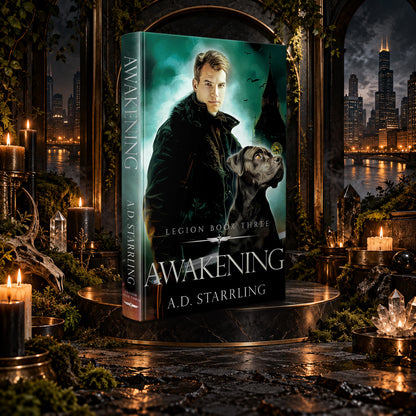 Awakening (Legion Book 3) Hardback by A.D. Starrling on a marble pedestal in a candlelit gothic hall overlooking the Chicago skyline at night