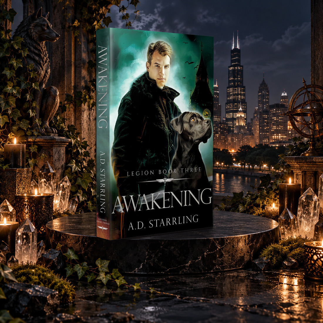 Awakening (Legion Book 3) Paperback by A.D. Starrling among candles and crystals with the moonlit Chicago skyline behind