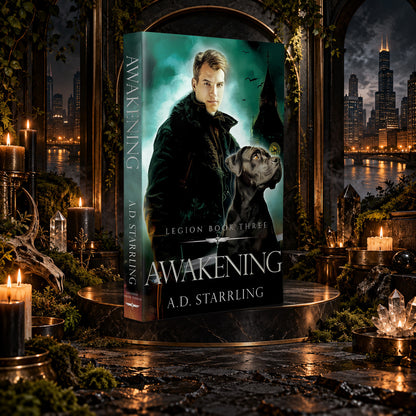Awakening (Legion Book 3) Paperback by A.D. Starrling on a marble pedestal in a candlelit gothic hall overlooking the Chicago skyline at night