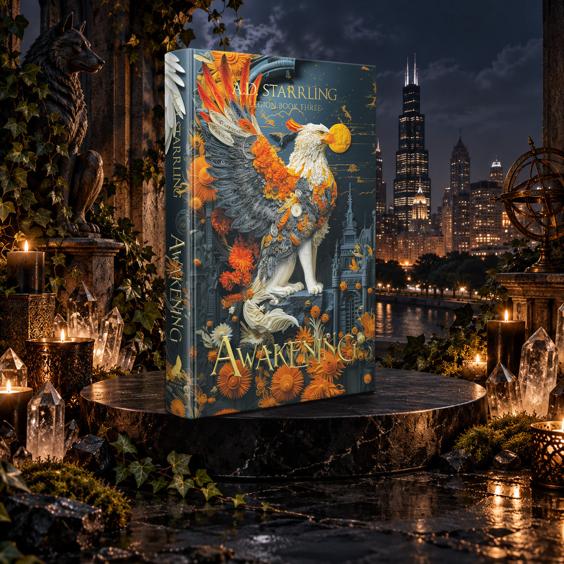 Awakening (Legion Book 3) Special Edition Hardback by A.D. Starrling among candles and crystals with the moonlit Chicago skyline behind