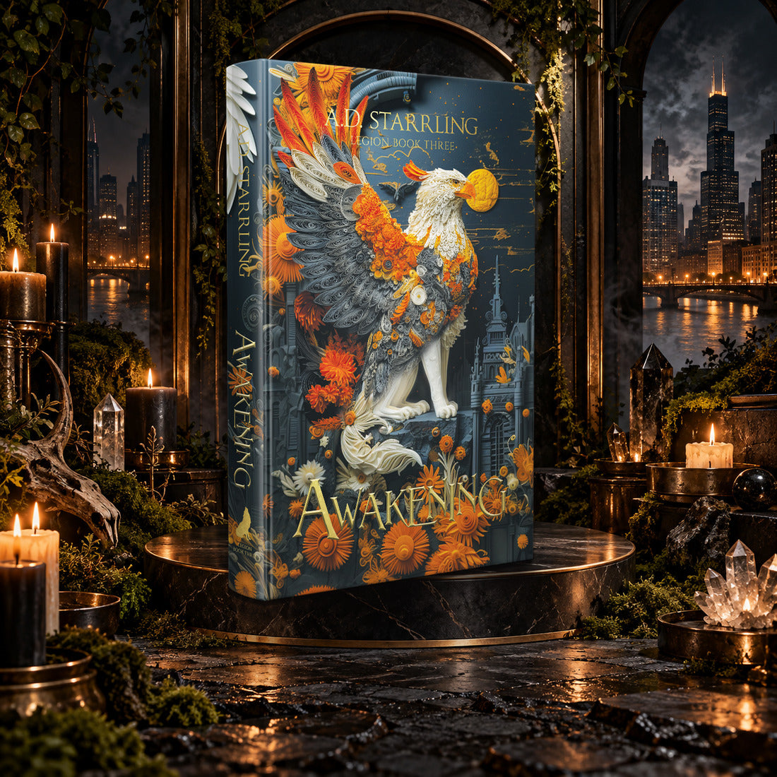 Awakening (Legion Book 3) Special Edition Hardback by A.D. Starrling on a marble pedestal in a candlelit gothic hall overlooking the Chicago skyline at night