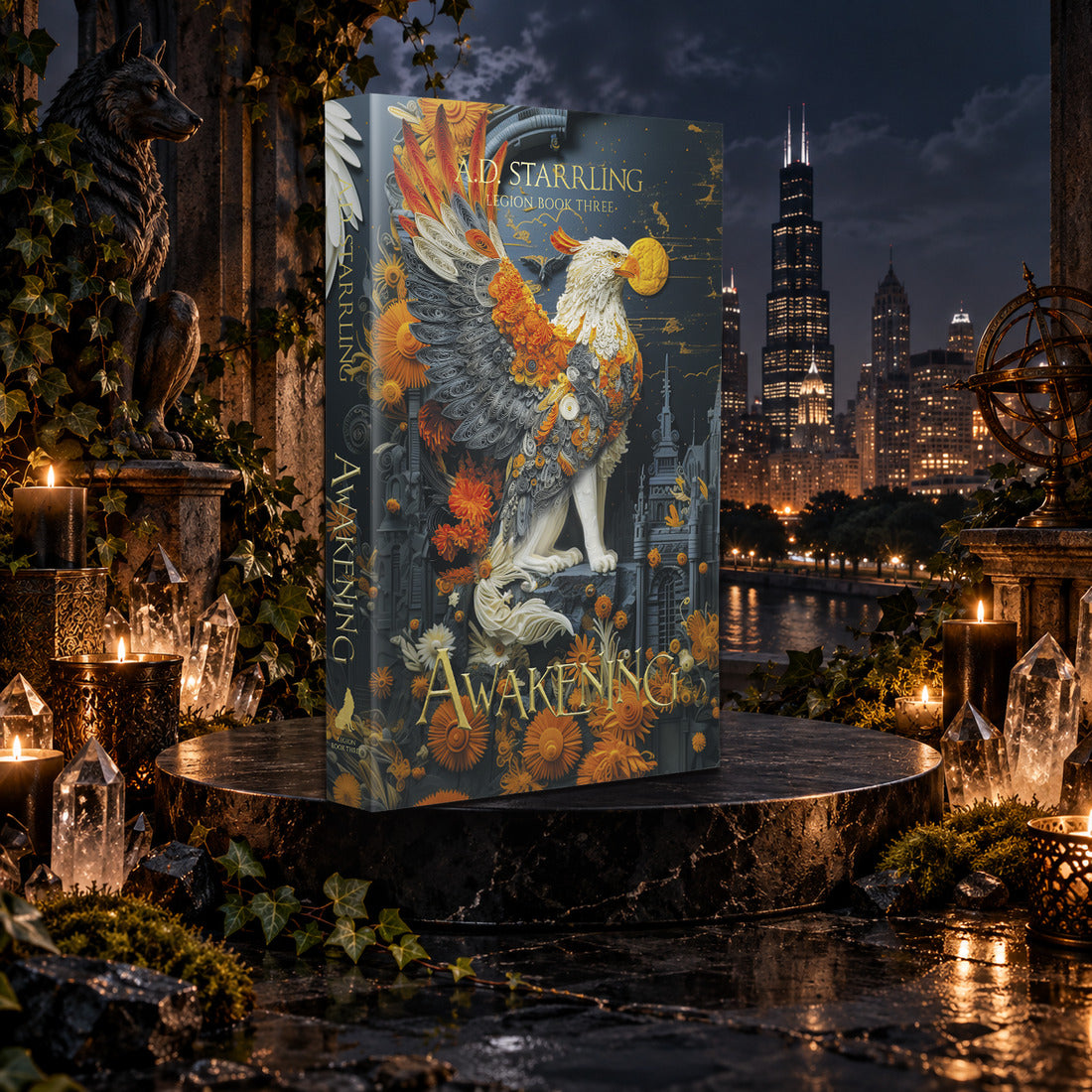 Awakening (Legion Book 3) Special Edition Paperback by A.D. Starrling among candles and crystals with the moonlit Chicago skyline behind