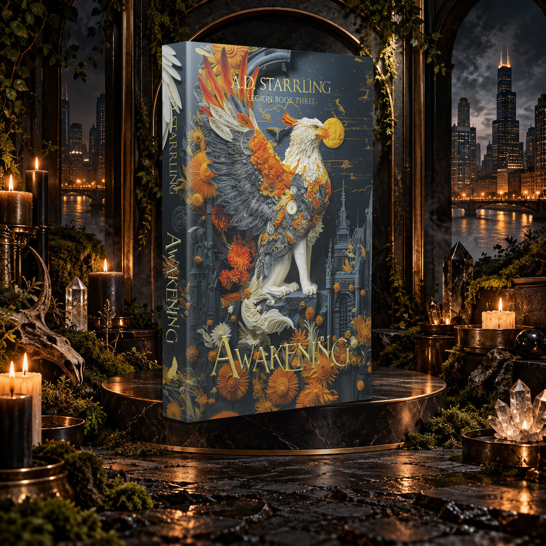 Awakening (Legion Book 3) Special Edition Paperback by A.D. Starrling on a marble pedestal in a candlelit gothic hall overlooking the Chicago skyline at night
