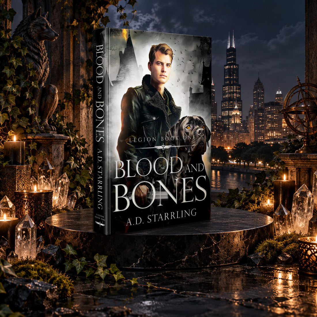 Blood and Bones (Legion Book 1) Hardback by A.D. Starrling among candles and crystals with the moonlit Chicago skyline behind