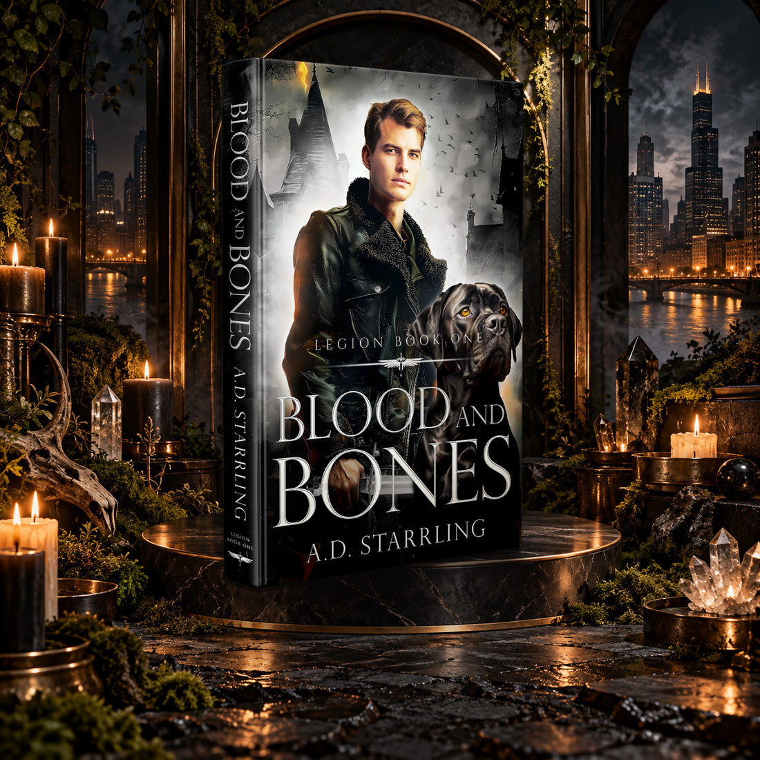 Blood and Bones (Legion Book 1) Hardback by A.D. Starrling on a marble pedestal in a candlelit gothic hall overlooking the Chicago skyline at night