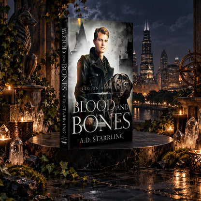 Blood and Bones (Legion Book 1) Paperback by A.D. Starrling among candles and crystals with the moonlit Chicago skyline behind