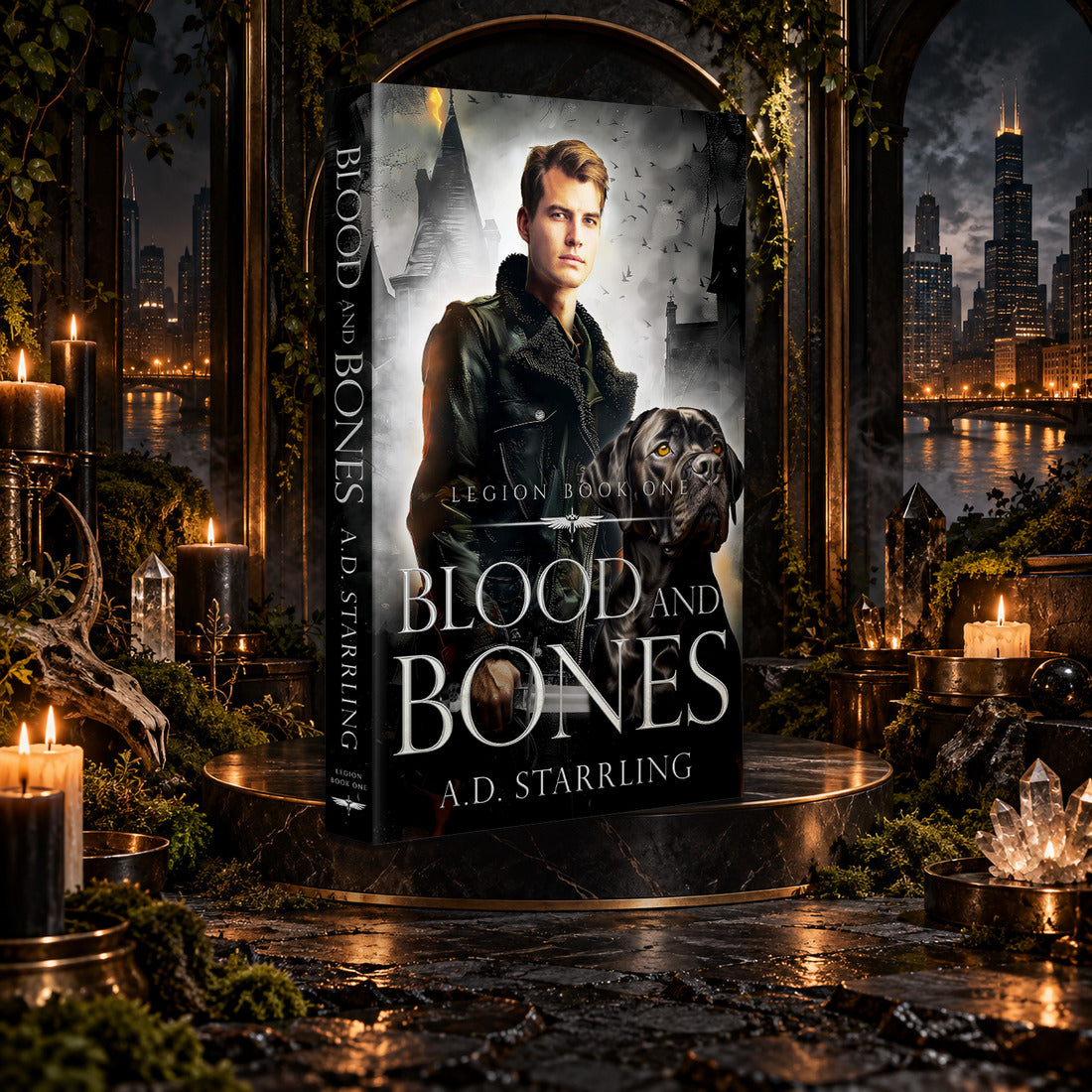 Blood and Bones (Legion Book 1) Paperback by A.D. Starrling on a marble pedestal in a candlelit gothic hall overlooking the Chicago skyline at night