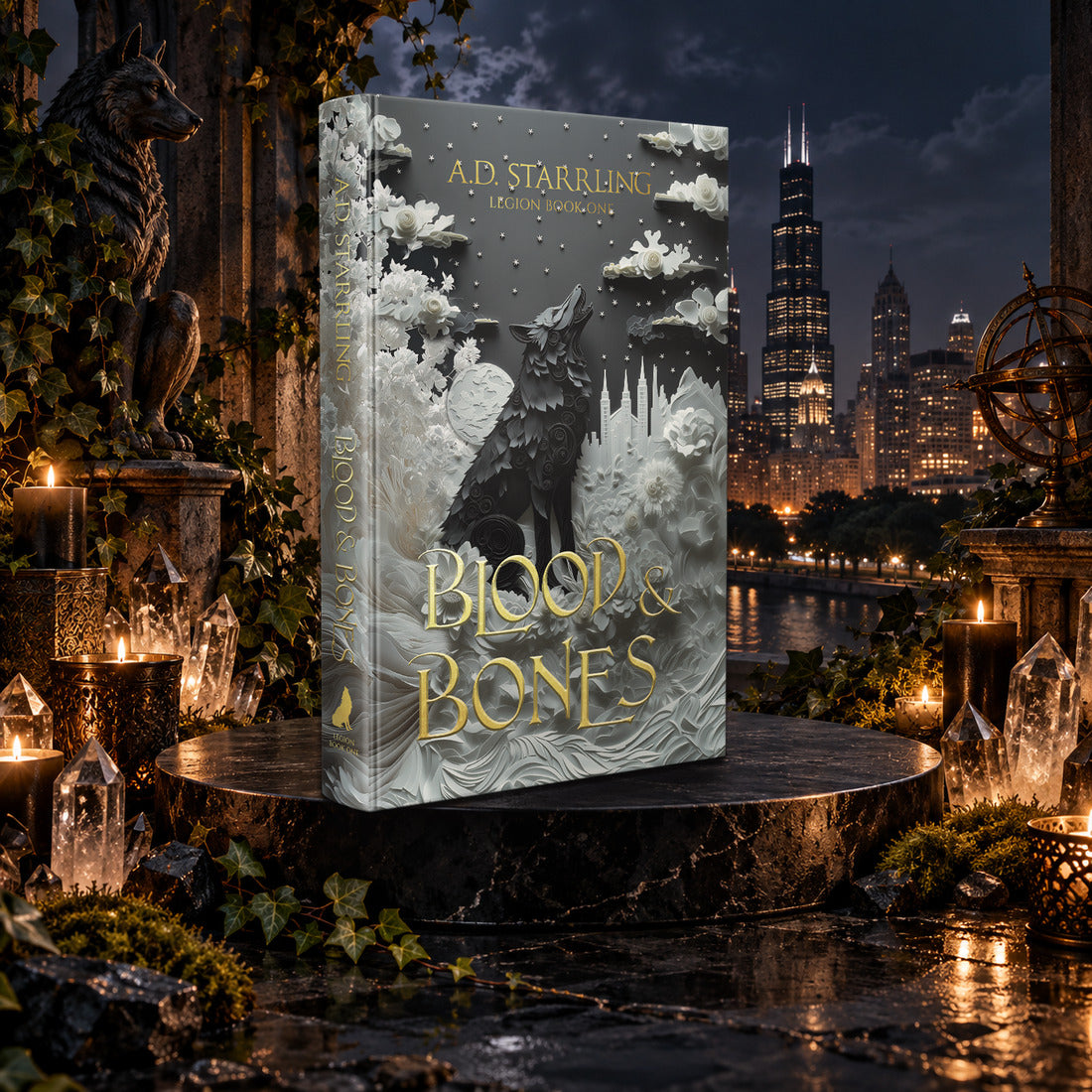 Blood and Bones (Legion Book 1) Special Edition Hardback by A.D. Starrling among candles and crystals with the moonlit Chicago skyline behind