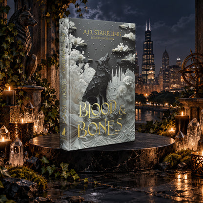 Blood and Bones (Legion Book 1) Special Edition Hardback by A.D. Starrling among candles and crystals with the moonlit Chicago skyline behind