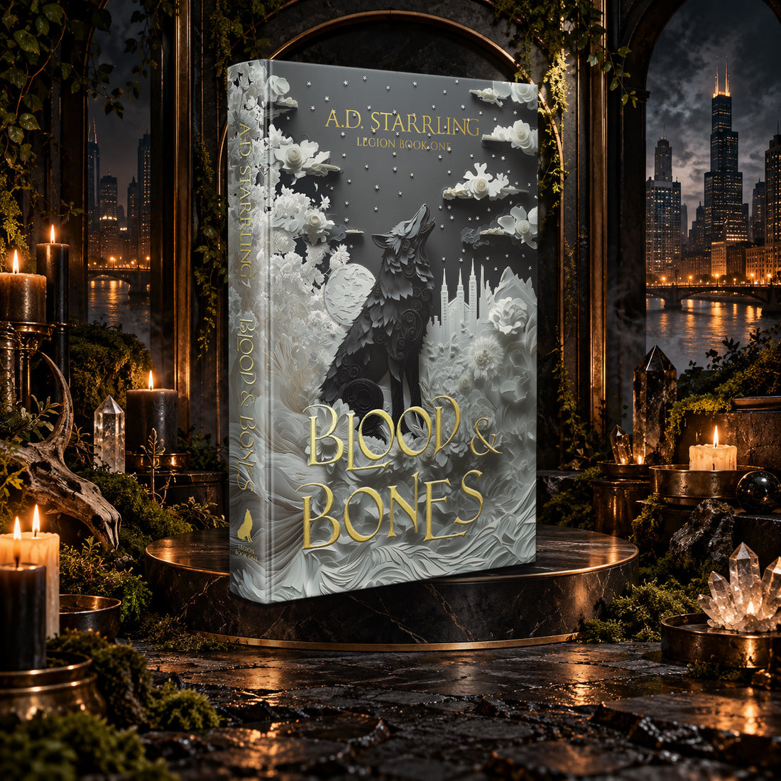 Blood and Bones (Legion Book 1) Special Edition Hardback by A.D. Starrling on a marble pedestal in a candlelit gothic hall overlooking the Chicago skyline at night