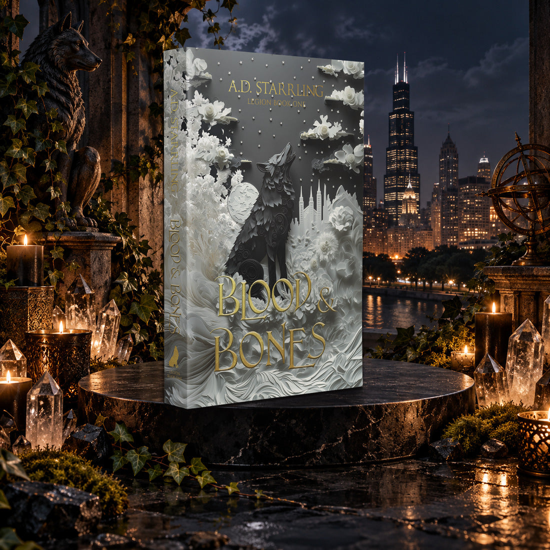 Blood and Bones (Legion Book 1) Special Edition Paperback by A.D. Starrling among candles and crystals with the moonlit Chicago skyline behind
