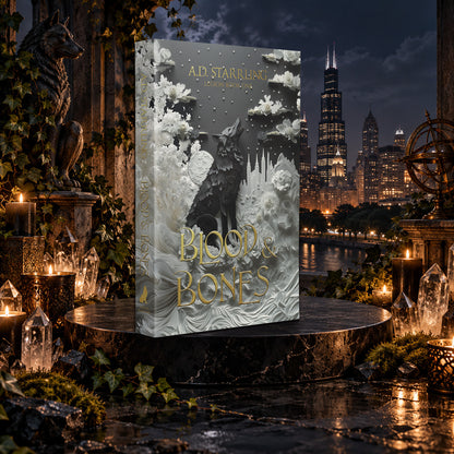 Blood and Bones (Legion Book 1) Special Edition Paperback by A.D. Starrling among candles and crystals with the moonlit Chicago skyline behind