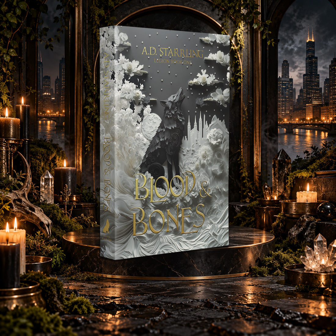 Blood and Bones (Legion Book 1) Special Edition Paperback by A.D. Starrling on a marble pedestal in a candlelit gothic hall overlooking the Chicago skyline at night