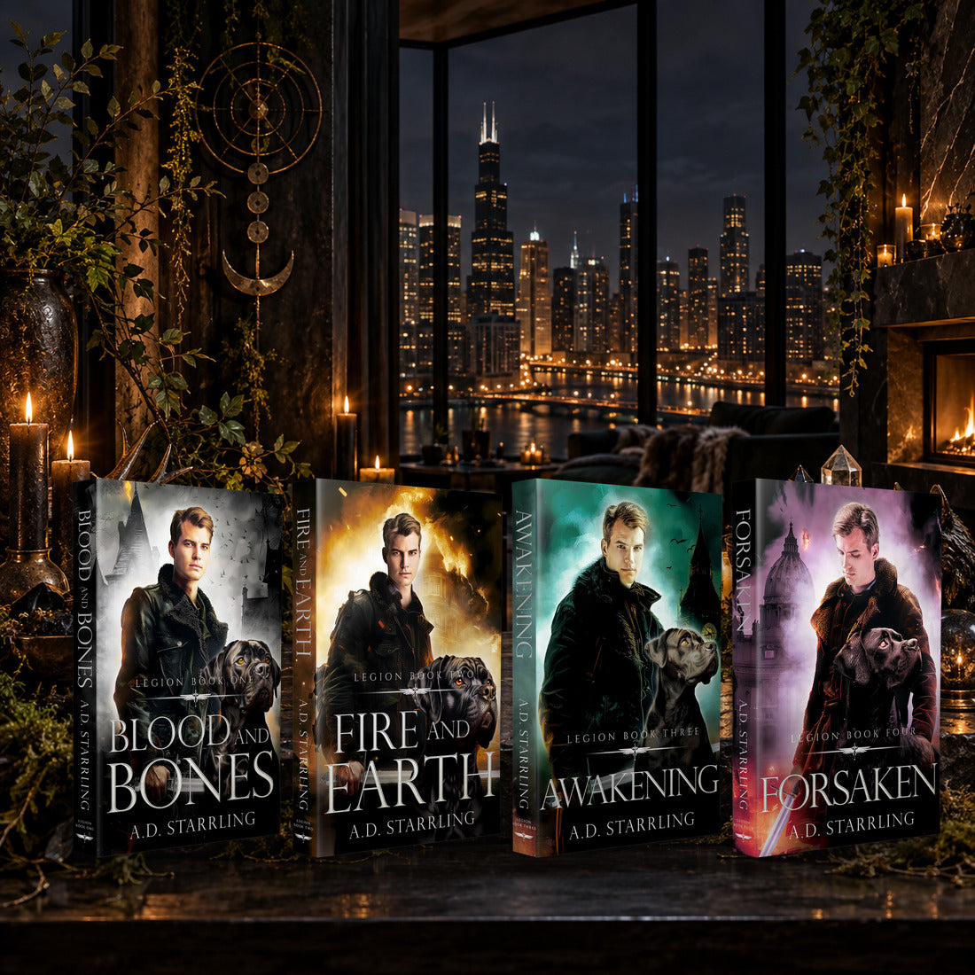 Legion Books 1–4 Paperback bundle by A.D. Starrling on a candlelit table with the Chicago skyline at night