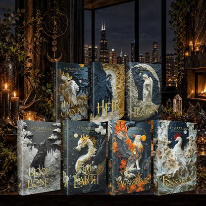 Legion Books 1–7 complete series Special Edition Hardback bundle by A.D. Starrling on a marble plinth