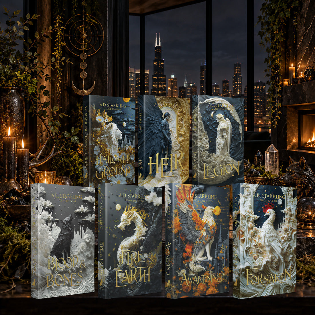 Legion Books 1–7 complete series Special Edition Paperback bundle by A.D. Starrling on a marble plinth