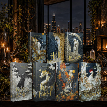 Legion Books 1–7 complete series Special Edition Paperback bundle by A.D. Starrling on a marble plinth