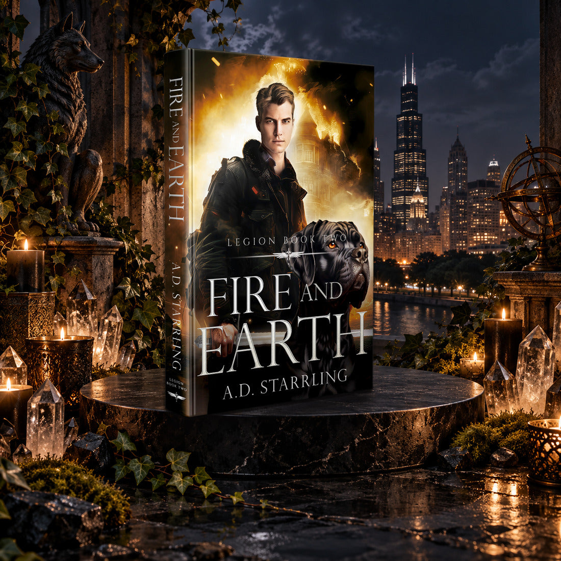 Fire and Earth (Legion Book 2) Hardback by A.D. Starrling among candles and crystals with the moonlit Chicago skyline behind