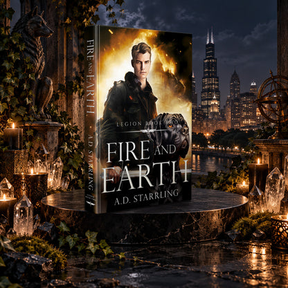 Fire and Earth (Legion Book 2) Hardback by A.D. Starrling among candles and crystals with the moonlit Chicago skyline behind