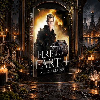 Fire and Earth (Legion Book 2) Hardback by A.D. Starrling on a marble pedestal in a candlelit gothic hall overlooking the Chicago skyline at night