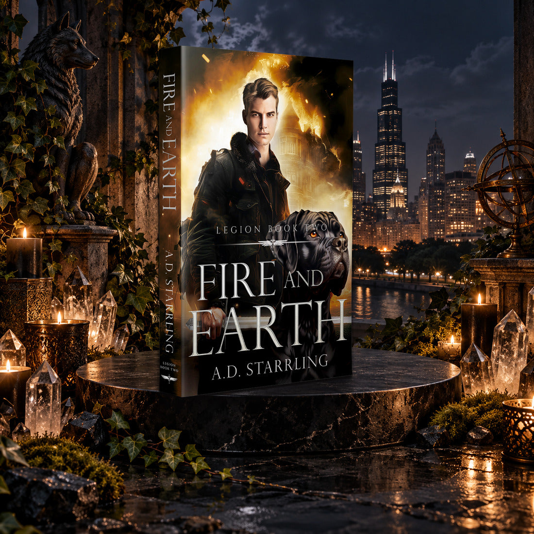 Fire and Earth (Legion Book 2) Paperback by A.D. Starrling among candles and crystals with the moonlit Chicago skyline behind