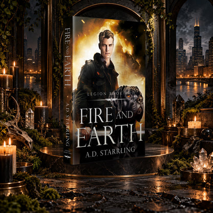 Fire and Earth (Legion Book 2) Paperback by A.D. Starrling on a marble pedestal in a candlelit gothic hall overlooking the Chicago skyline at night