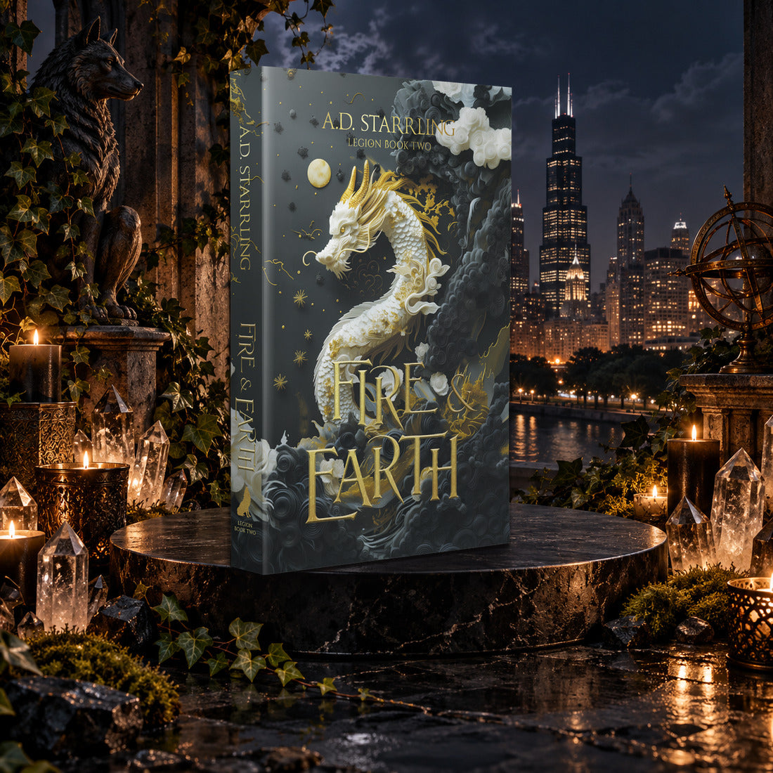 Fire and Earth (Legion Book 2) Special Edition Paperback by A.D. Starrling among candles and crystals with the moonlit Chicago skyline behind