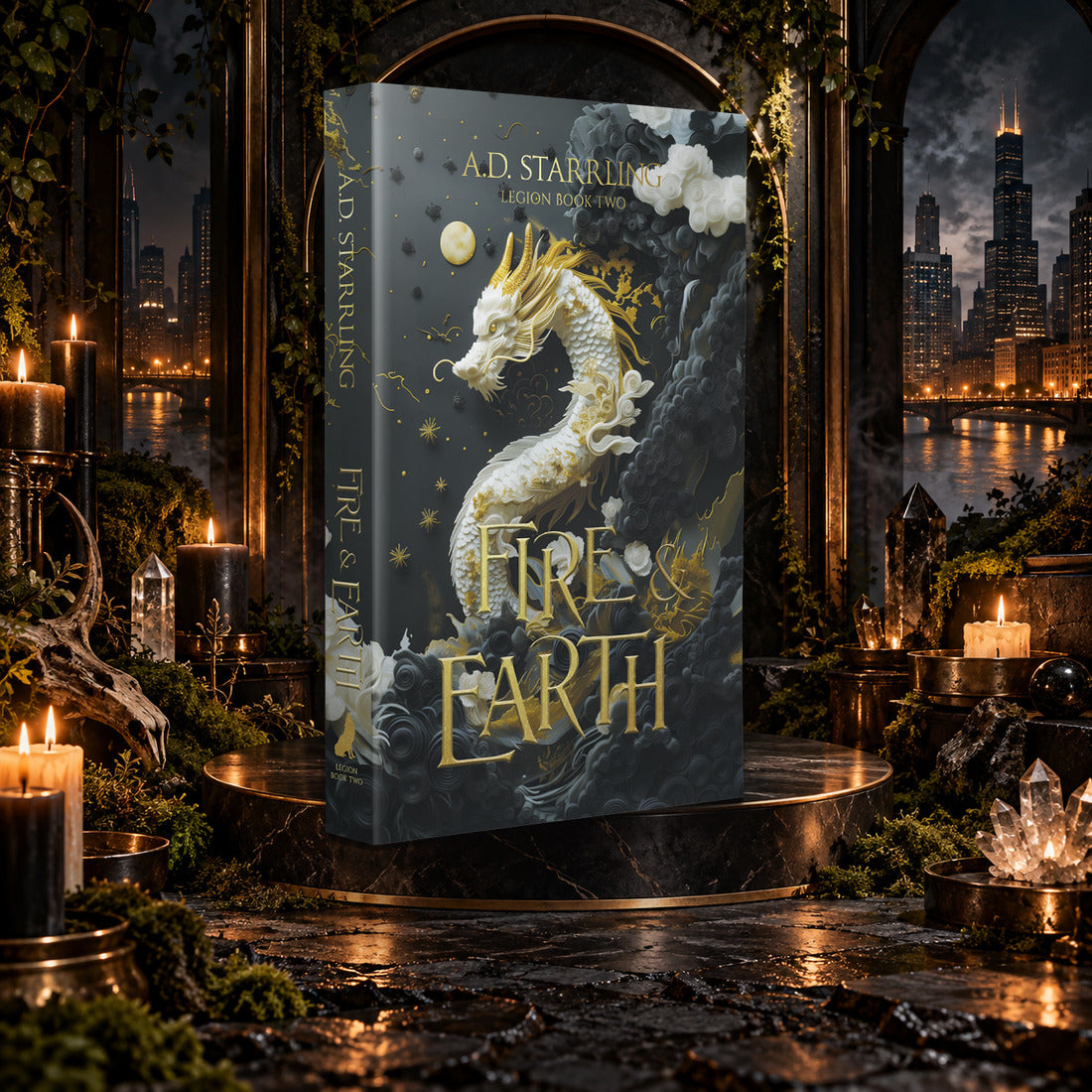 Fire and Earth (Legion Book 2) Special Edition Paperback by A.D. Starrling on a marble pedestal in a candlelit gothic hall overlooking the Chicago skyline at night