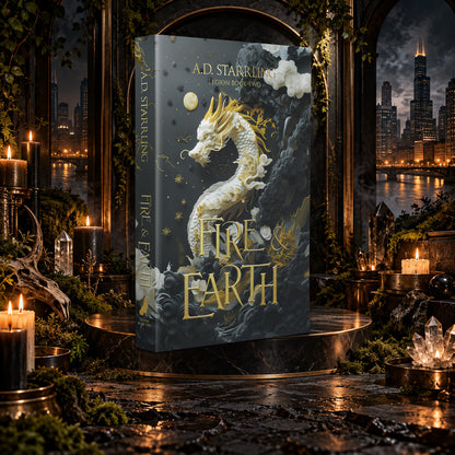 Fire and Earth (Legion Book 2) Special Edition Paperback by A.D. Starrling on a marble pedestal in a candlelit gothic hall overlooking the Chicago skyline at night