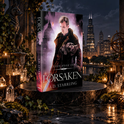 Forsaken (Legion Book 4) Hardback by A.D. Starrling among candles and crystals with the moonlit Chicago skyline behind